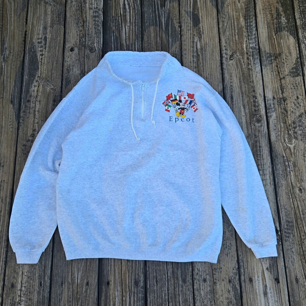 Vtg Disney EPCOT Center World Flags Sweatshirt Mickey Mouse 1/4 Zip USA Made O/S